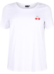 T-skjorte i bomull med broderte kirsebær, B.White CherryEMB.