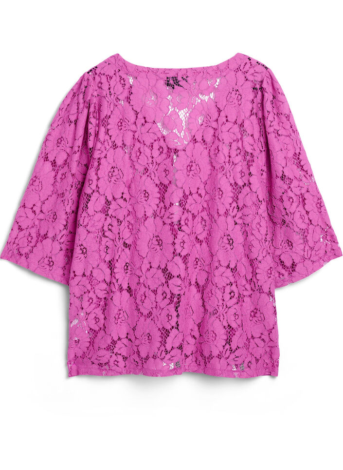 Bluse med blonder, 3/4 ermer og sløyfer foran, Purple Orchid, Packshot