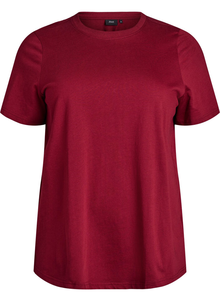 Basic T-skjorte i bomull med rund hals, Mørk Bordeaux, Packshot image number 0