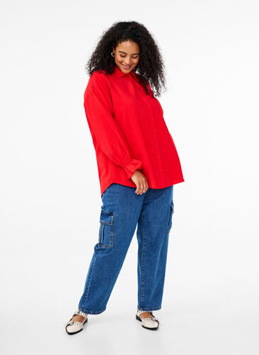 Zizzi Skjorte med lange ermer og volangdetaljer, Rød, Model image number 1
