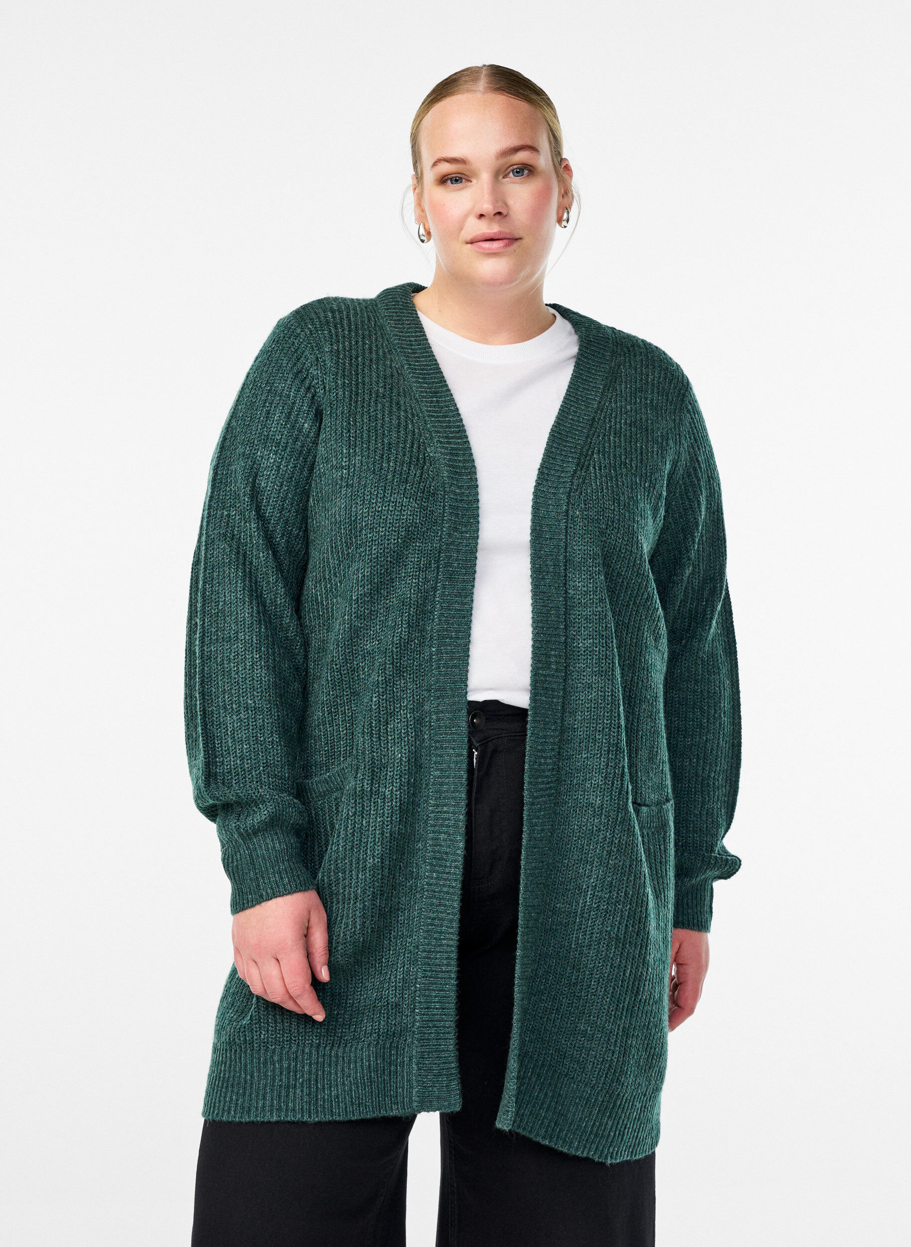 Zizzi FLASH - Lang ribbestrikket cardigan med lommer, Gr&oslash;nn, Model image number 0