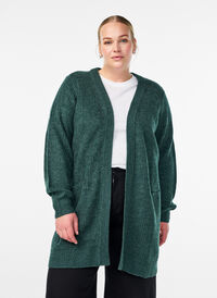 FLASH - Lang ribbestrikket cardigan med lommer, Grønn FLASH - Lang ribbestrikket cardigan med lommer, Grønn, Model