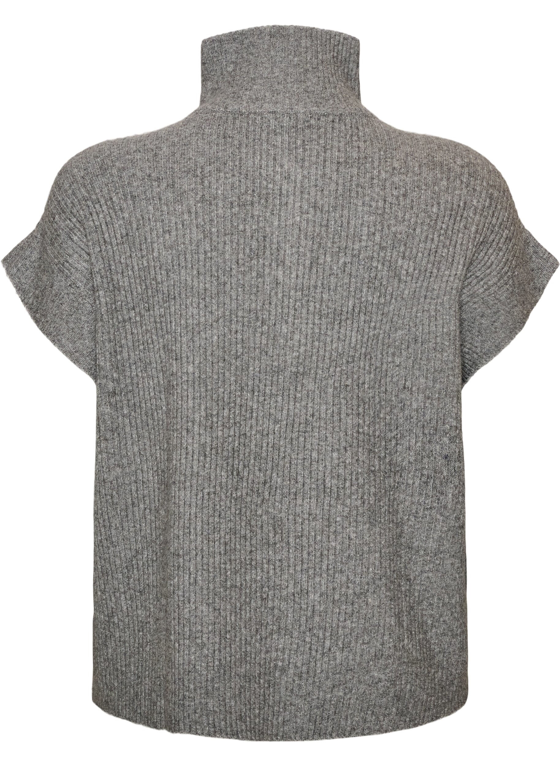 ZizziStrikket vest med h&oslash;y hals og kort glidel&aring;s, Gr&aring;, Packshot image number 1