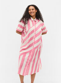 Kortermet skjortekjole i bomull med striper, Magenta Stripe, Model