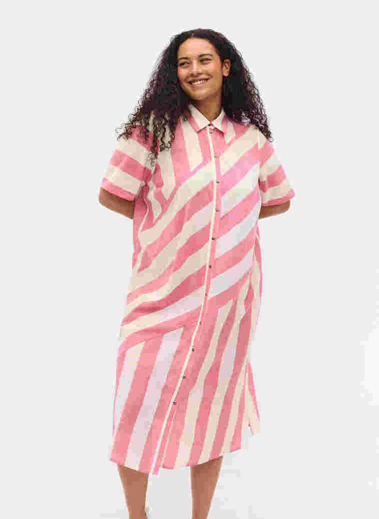 Kortermet skjortekjole i bomull med striper, Magenta Stripe, Model image number 0