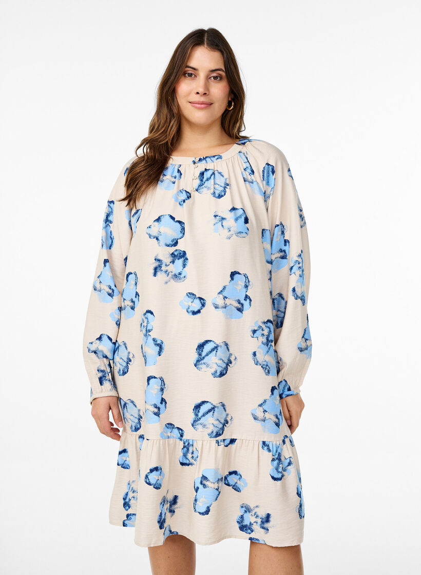 Knelang kjole med lange ermer og A-linje snitt, Off White Blue AOP, Model