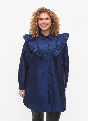 Zizzi Ensfarget skjorte med volangedetaljer, Titan, Model image number 0