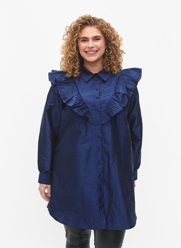Zizzi Ensfarget skjorte med volangedetaljer, Titan, Model image number 0