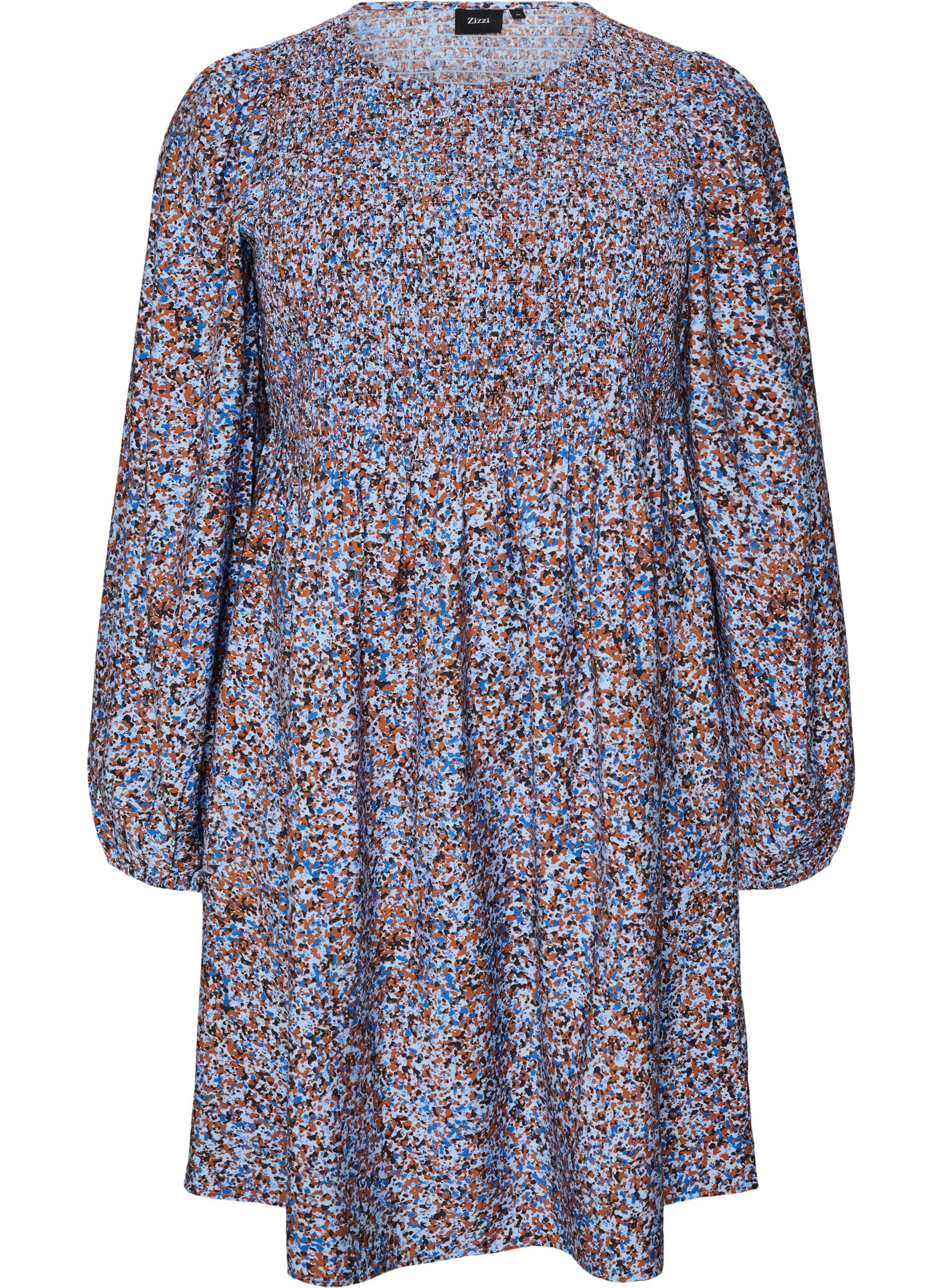 ZizziViskosekjole med smock og heldekkende m&oslash;nster, Bl&aring;, Packshot image number 0