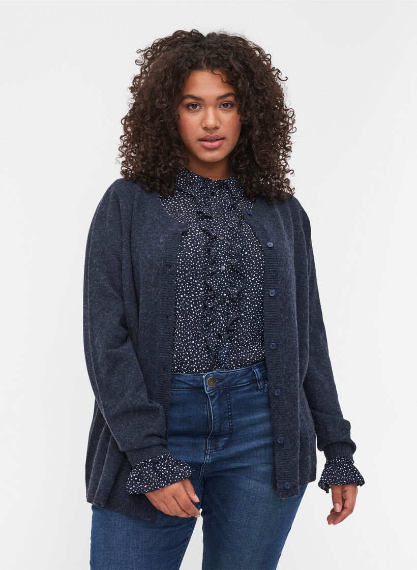 Kort melert strikket cardigan med knappelukking, Night Sky Mel., Model image number 0