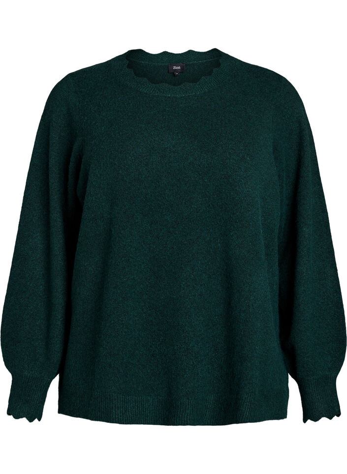 Strikkebluse med b&oslash;lgete kanter, Gr&oslash;nn, Packshot image number 0