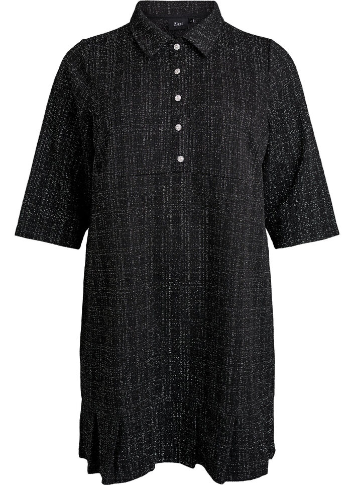 Kort boucl&eacute; kjole med dekorative knapper, Svart, Packshot image number 0