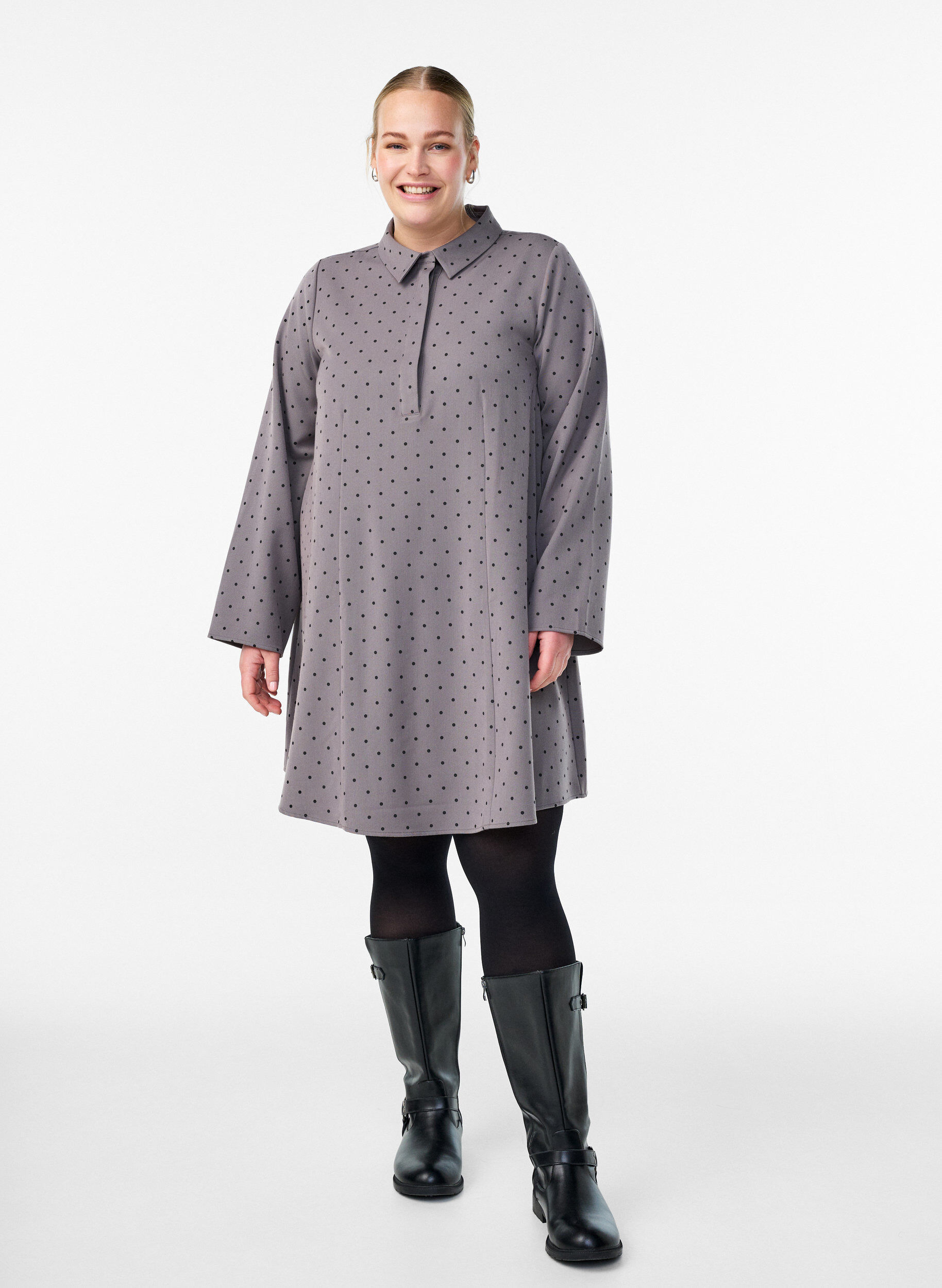 Zizzi Kort A-linje kjole med lange ermer, Gr&aring;, Model image number 1