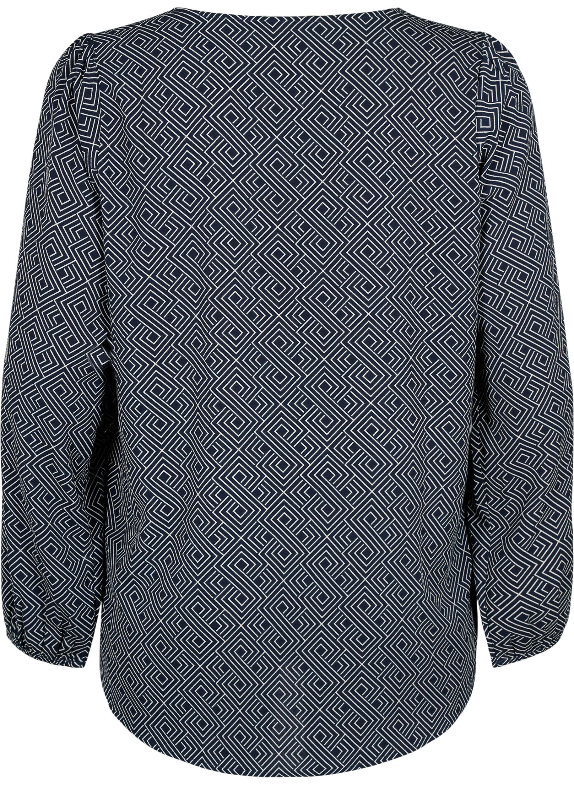 Zizzi Skjortebluse med v-hals og trykk, Navy Graphic AOP, Packshot image number 1