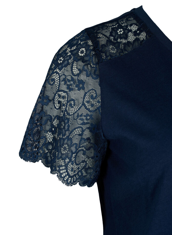 Bomull T-skjorte med korte blonderermer, Blå, Packshot image number 3