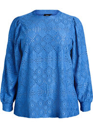Langermet bluse med hullbroderi, Blå