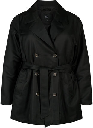 Zizzi Kort trenchcoat med belte, Svart, Packshot image number 0