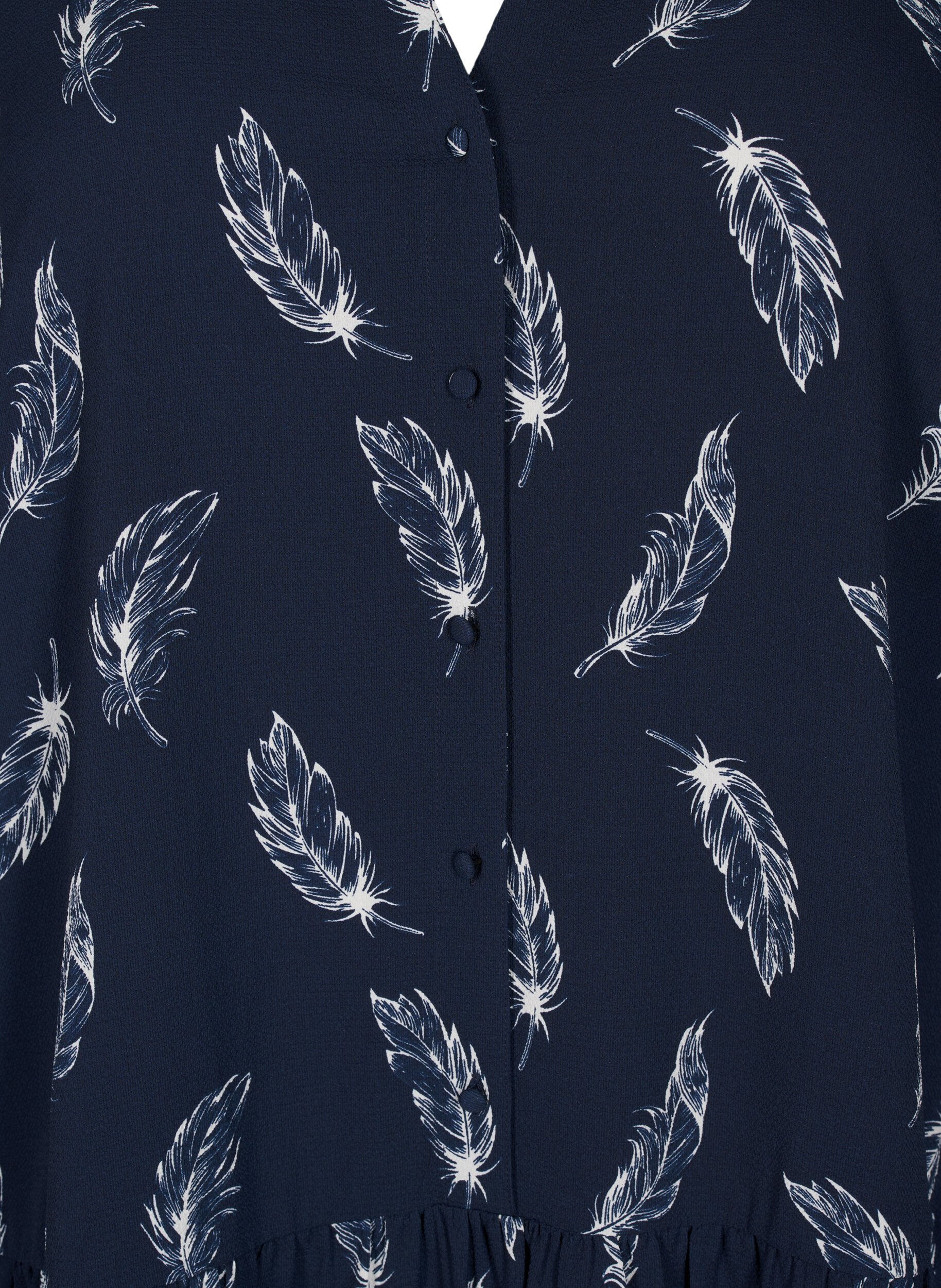 Zizzi Midi-kjole med lange ermer, Navy B. Feather AOP, Packshot image number 2