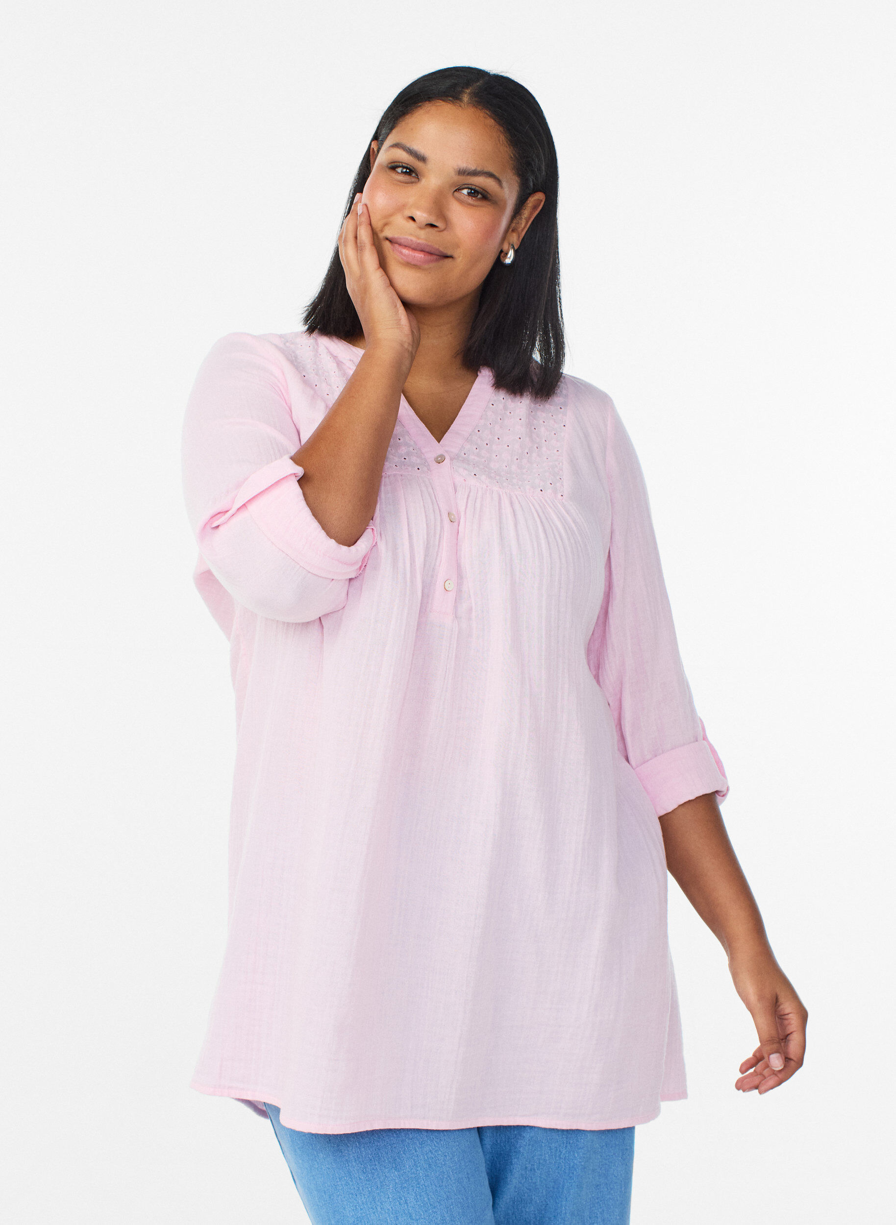 Zizzi Bomullsmuslin tunika med broderie anglaise, Rosa, Model image number 0