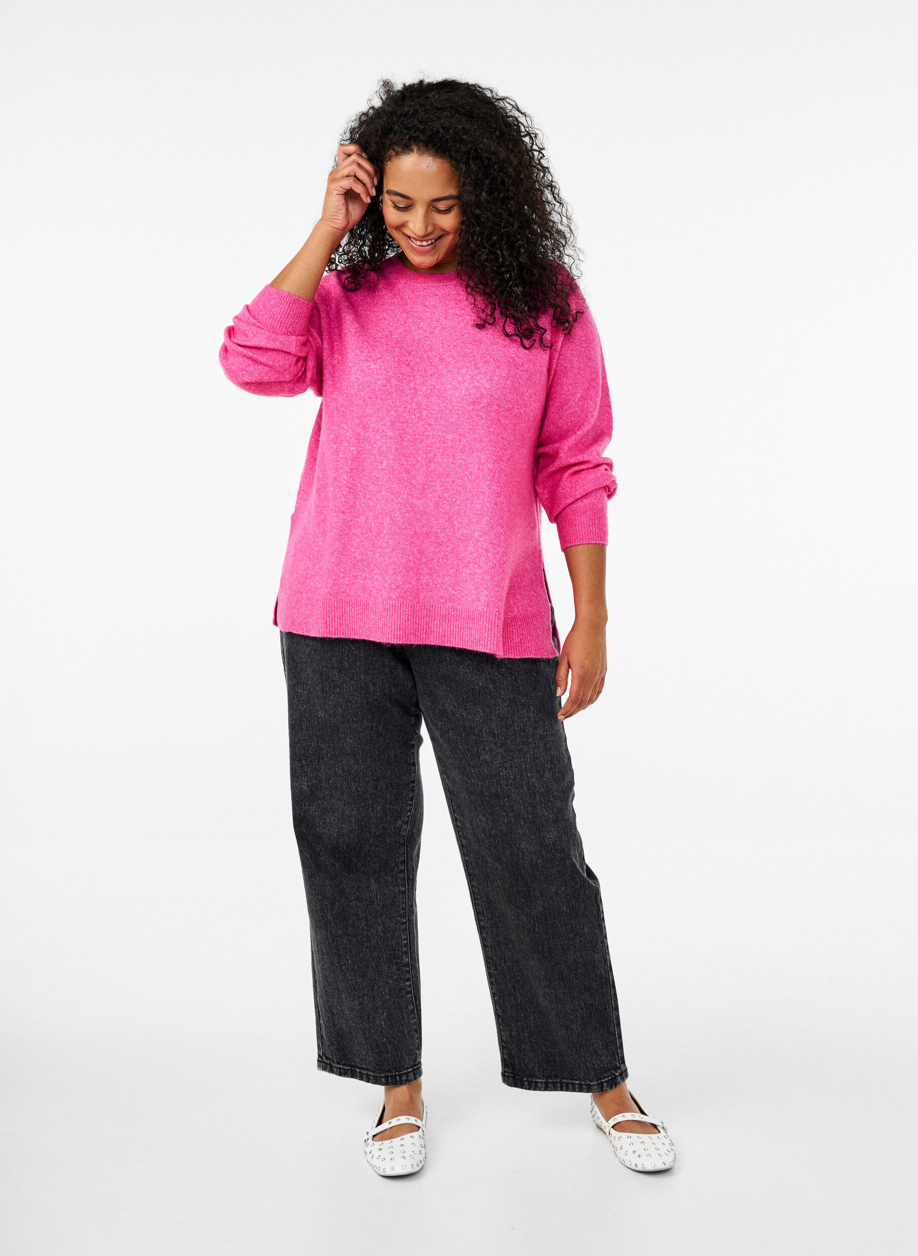 Zizzi Strikket topp med ull og splitter, Raspberry Rose Mel., Model image number 2