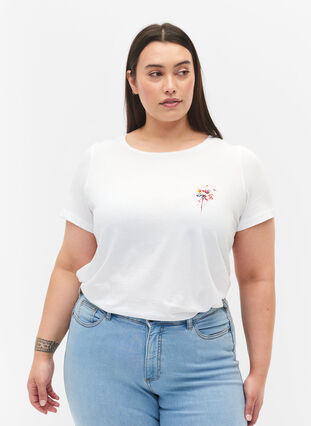 T-skjorte i bomull med trykk foran, Bright White FLOWER, Model image number 0
