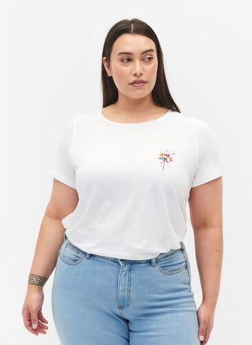 T-skjorte i bomull med trykk foran, Bright White FLOWER, Model image number 0
