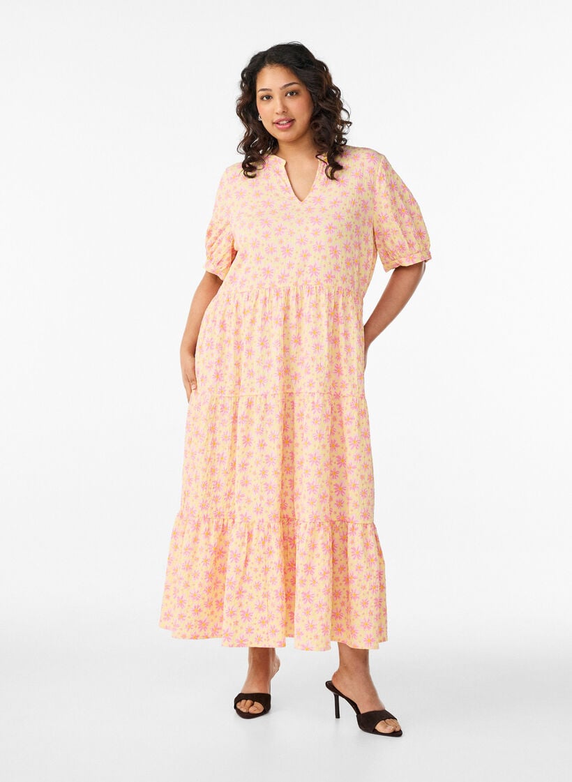 Ankellang kjole med korte ermer og lagdelte volanger, Gul, Model image number 0