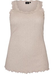 Ribbet topp med blondedetalj, Beige