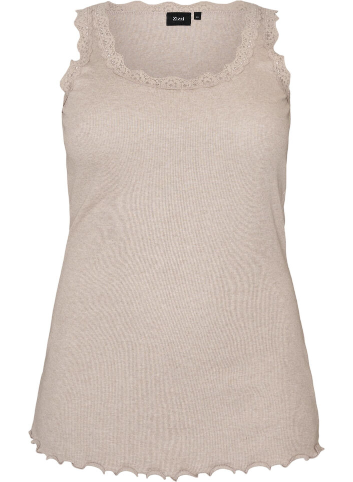 Ribbet topp med blondedetalj, Beige, Packshot image number 0
