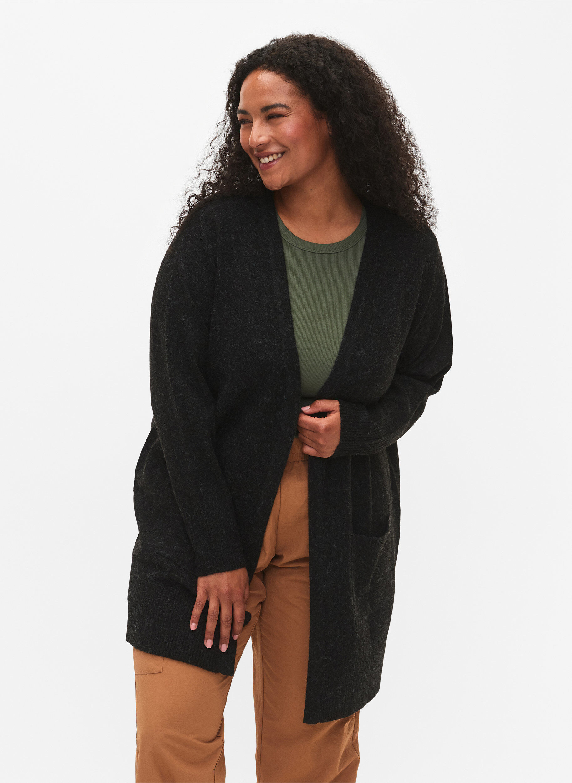 Melert strikket cardigan med lommer, Gr&aring;, Model