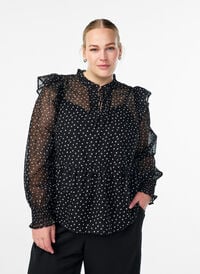 Chiffonbluse med volangdetaljer og små prikker, Svart Chiffonbluse med volangdetaljer og små prikker, Svart, Model