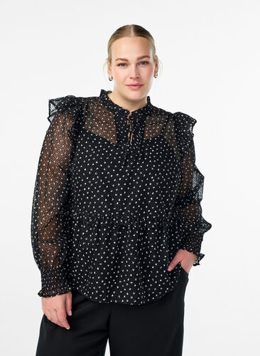 Zizzi Chiffonbluse med volangdetaljer og små prikker, Svart, Model image number 0