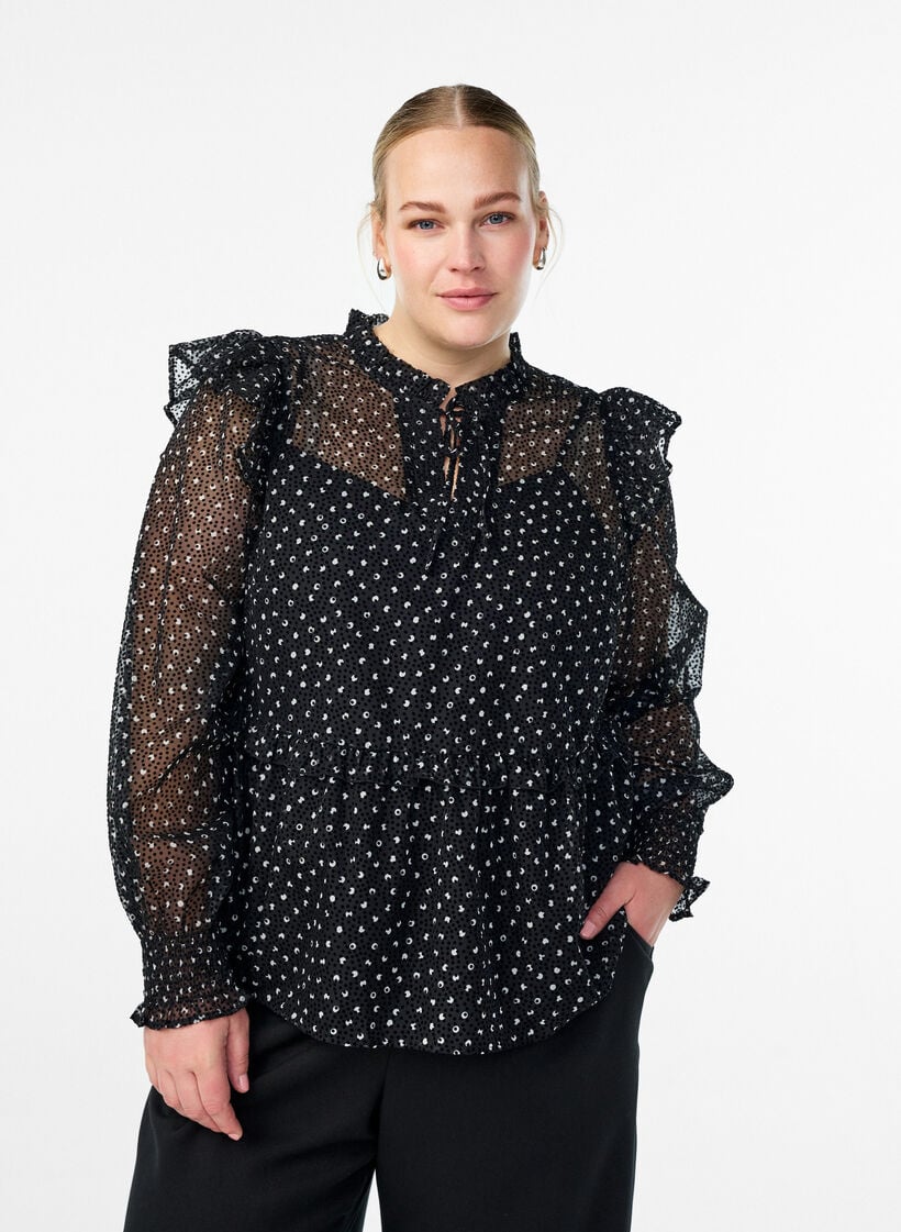 Chiffonbluse med volangdetaljer og små prikker, Svart, Model image number 0