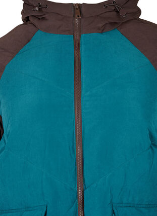 Lang fargeblokket vinterjakke med hette, Deep Teal Comb, Packshot image number 2