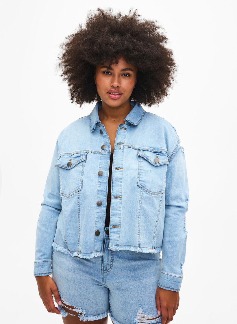 Kort dongerijakke med detaljer med slitasje, Light Blue Denim, Model image number 0