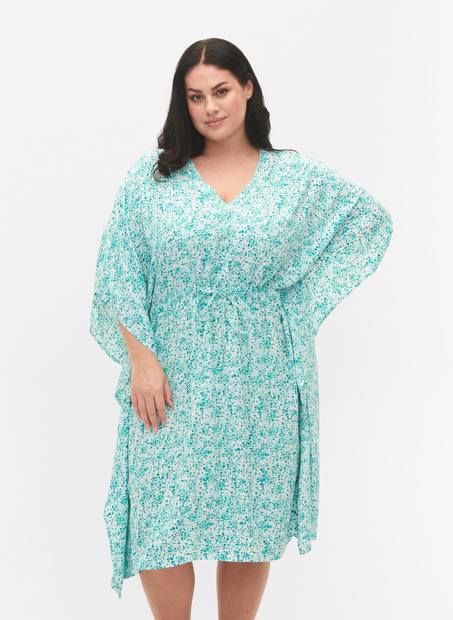 Zizzi Kaftan i viskose med print, Green Dot, Model image number 0