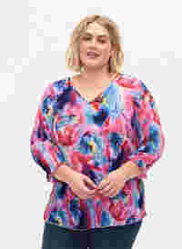 Bluse med plissé og 3/4-ermer, Lavender Space AOP, Model