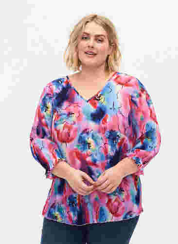 Bluse med plissé og 3/4-ermer, Lavender Space AOP, Model image number 0
