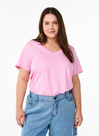 Kortermet T-skjorte med V-hals, Rosa Kortermet T-skjorte med V-hals, Rosa, Model
