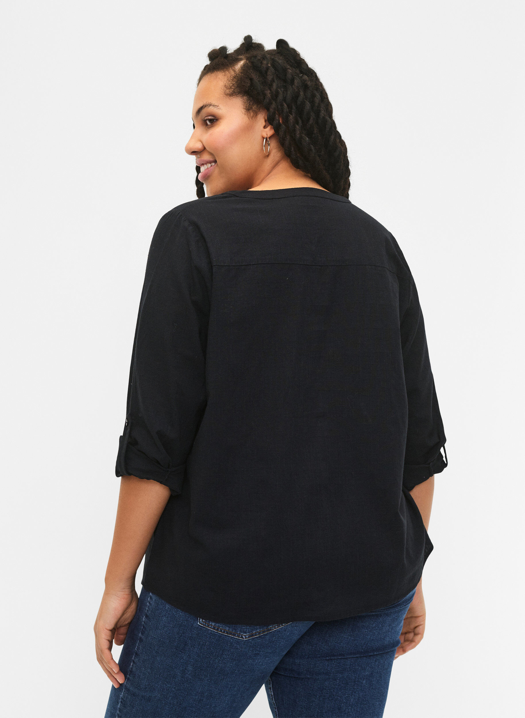 Zizzi Bomullsbluse med V-hals, Black, Model image number 1