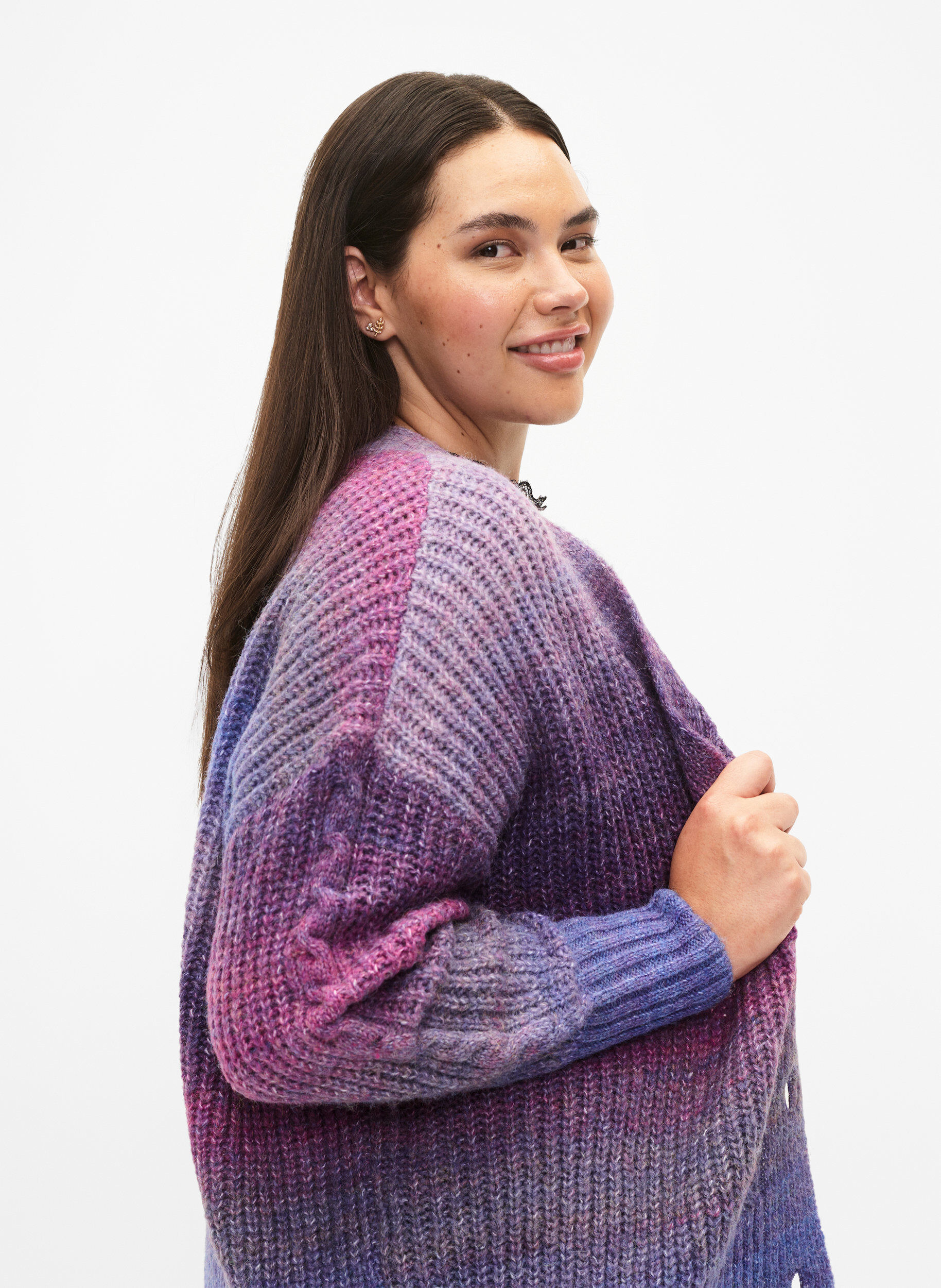 Zizzi Melange strikket cardigan med knapper, Pansy Mel. Comb, Model image number 2