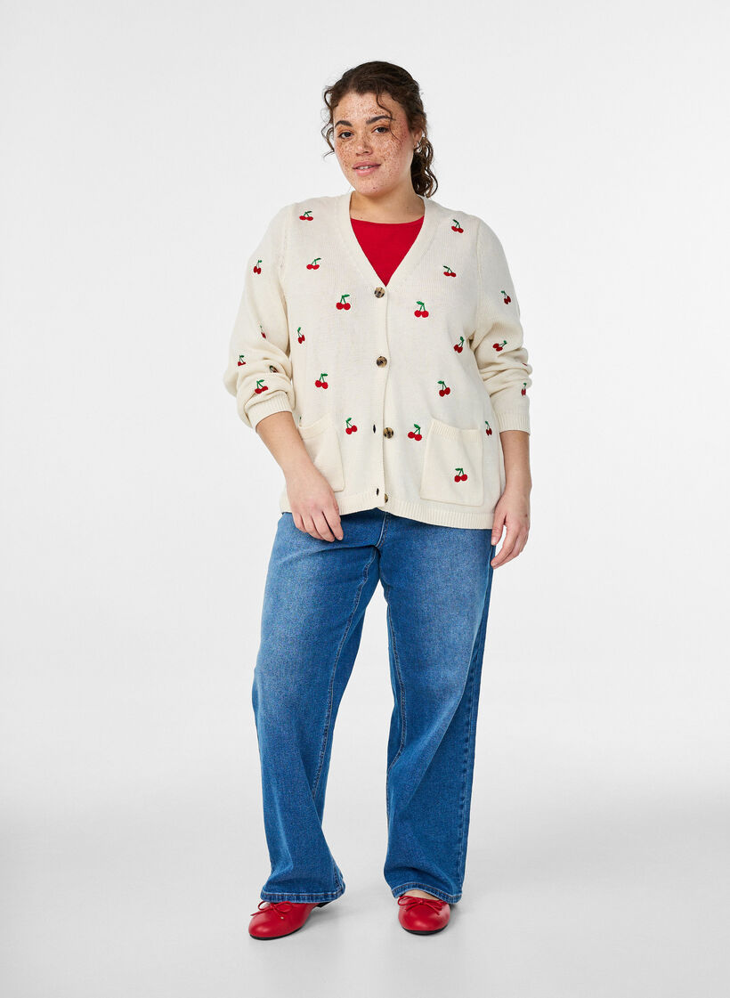 Strikket cardigan med kirsebærbroderi, Vanilje, Model image number 1