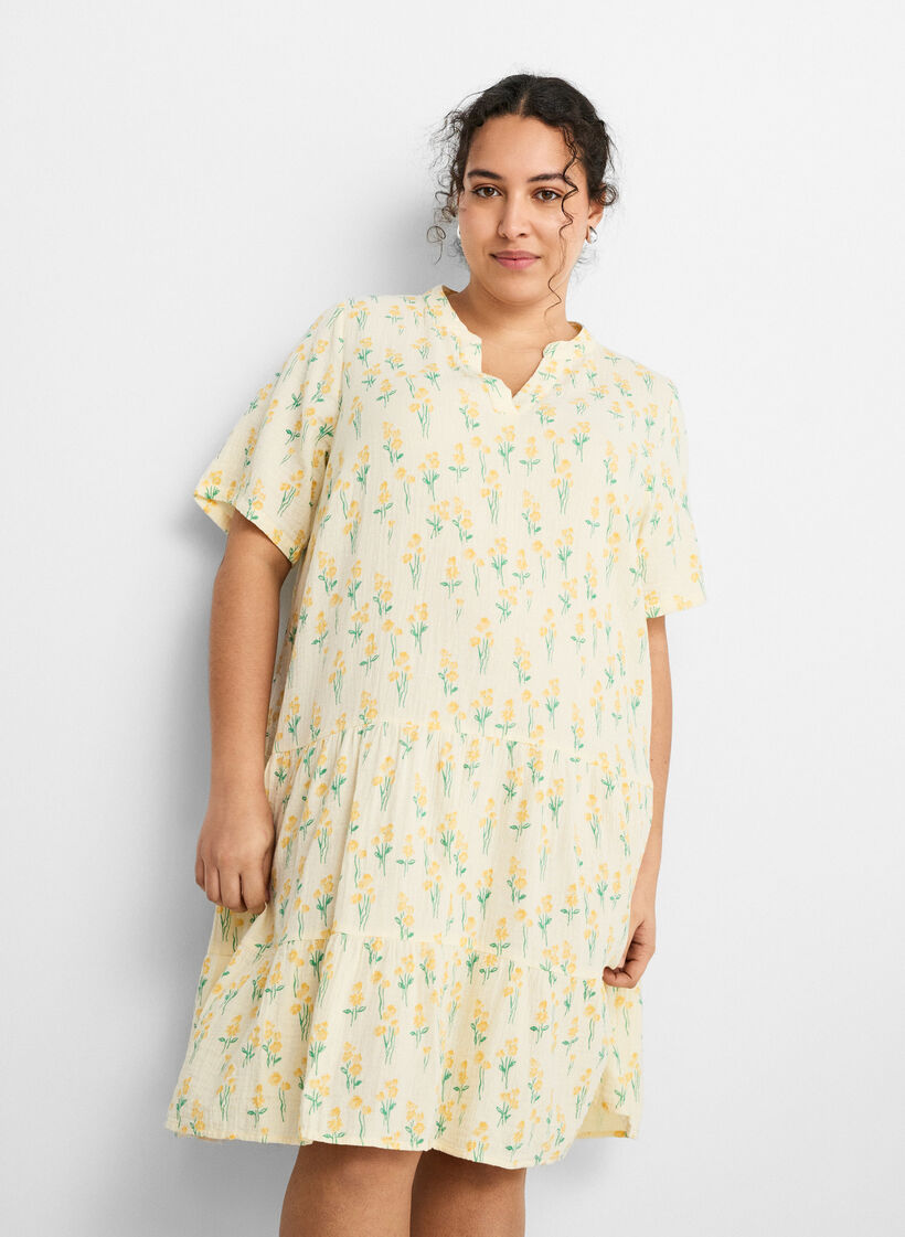 Kort A-linjekjole i bomullsmuslin, Gul, Model image number 3