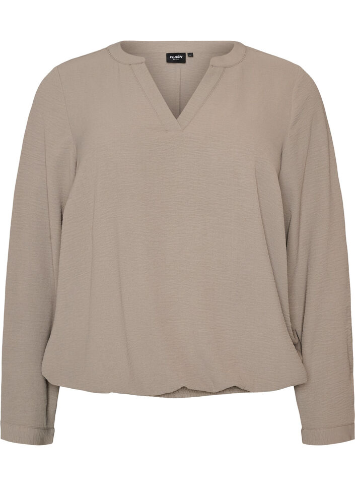 Bluse med ballongsilhuett og V-hals, Beige, Packshot image number 0