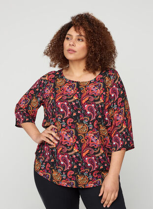 Mønstrete bluse med blonderygg og 3/4-ermer, Black/Multi Paisley, Model image number 0