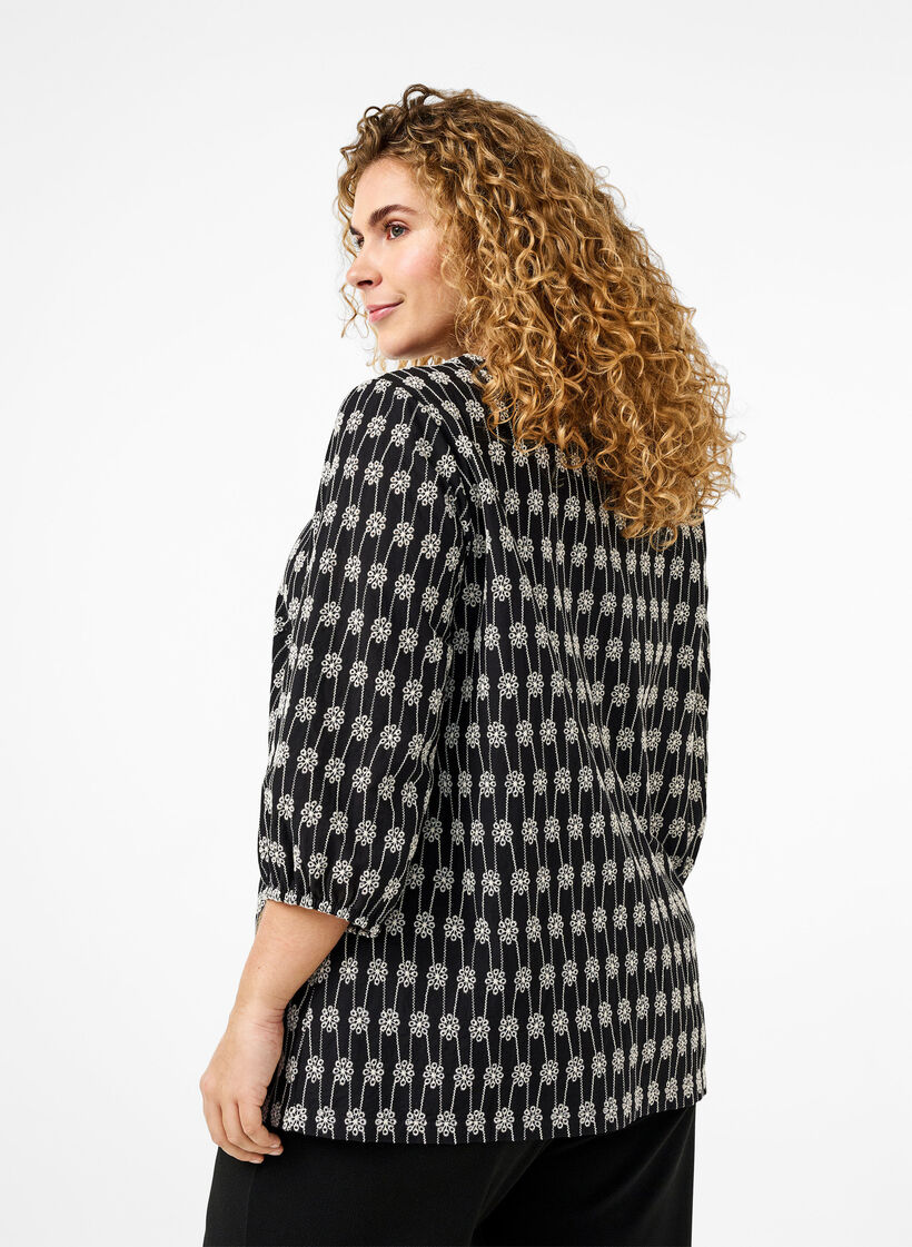 Bomullsskjortebluse med blomstermønster, Black, Model image number 1