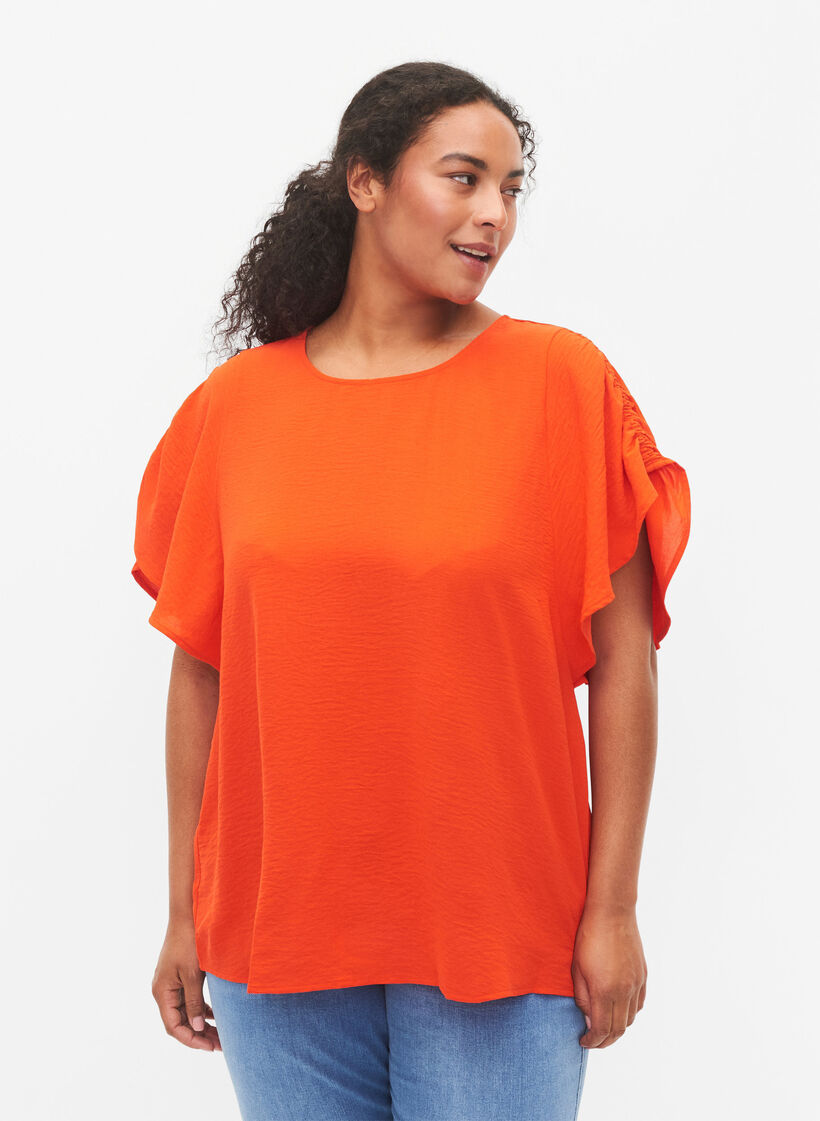 Kortermet bluse med rynke-detaljer, Orange.com, Model image number 0