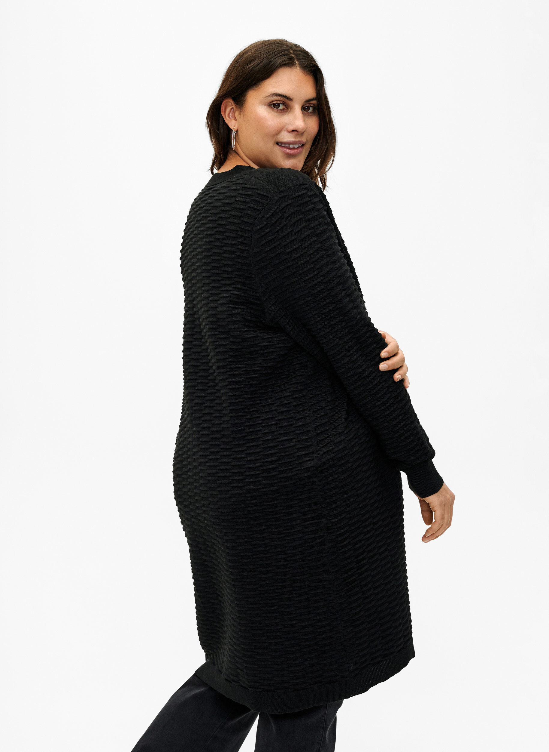 Zizzi Strikket cardigan i bomull-viskoseblanding, Black, Model image number 1