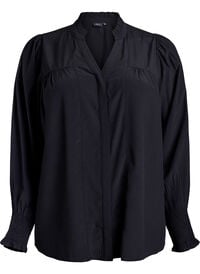 Bluse med rysjekrage og rynking, Svart Bluse med rysjekrage og rynking