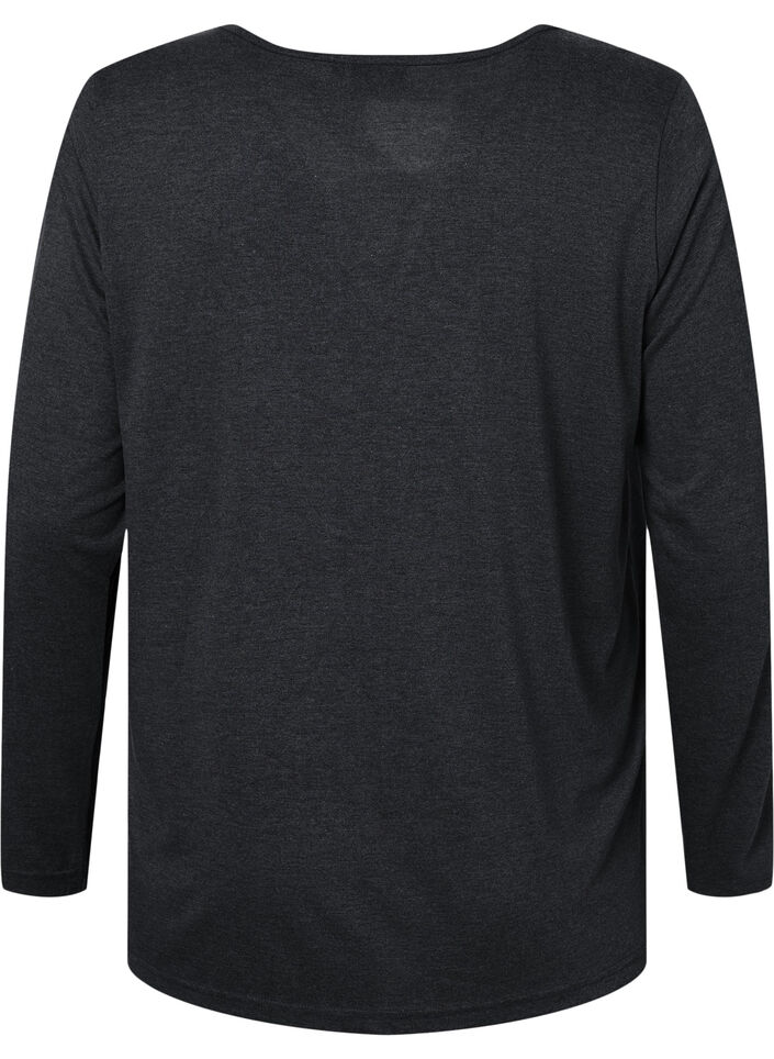 Melange bluse med lange ermer, Black Mel. , Packshot image number 1